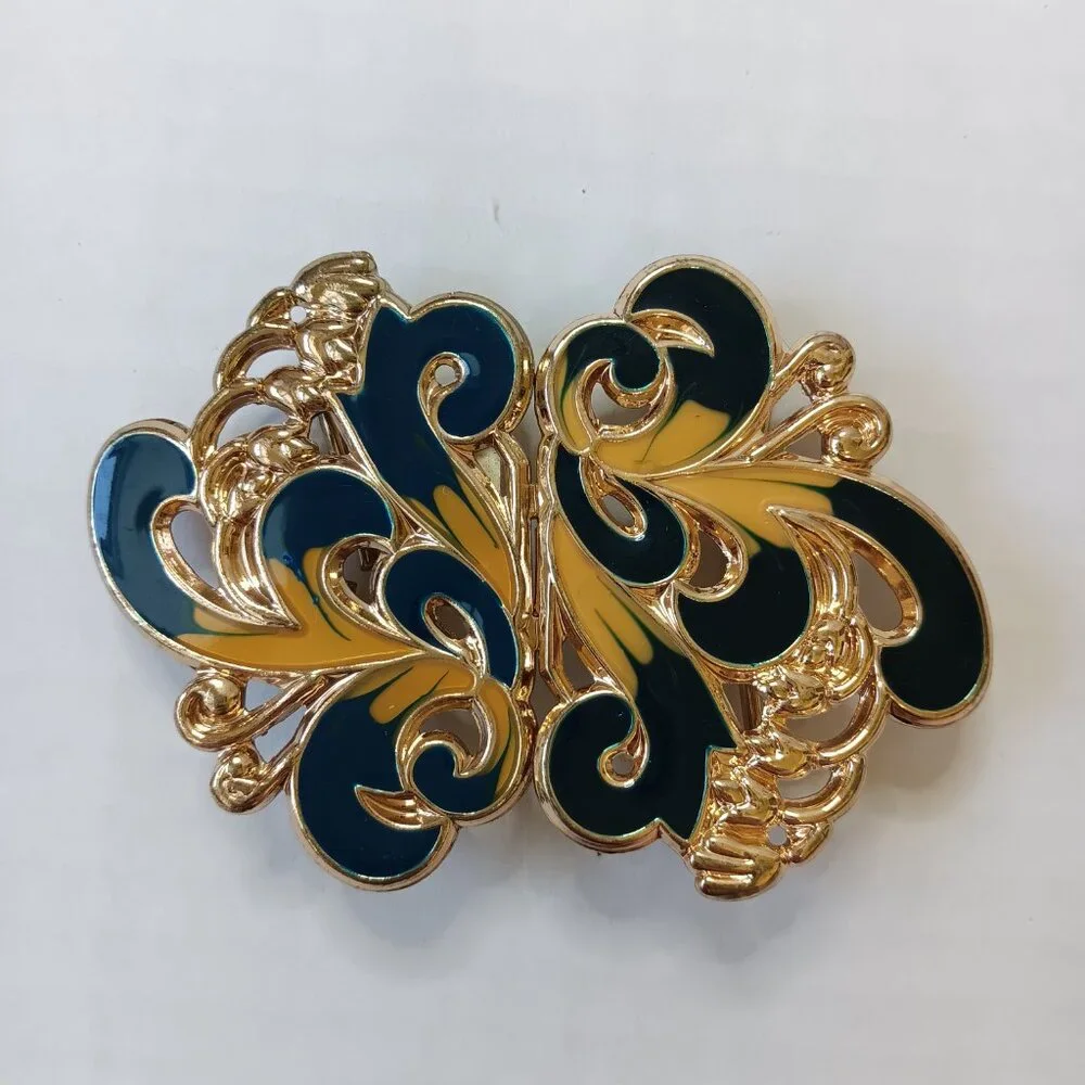 Lot of 2 Vintage 1980s Golden Metal Enamel Butterfly And Scroll Belt Buckles